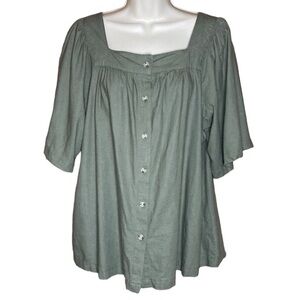Caffe Marrakesh | Green Linen Blend Short Sleeve Top M